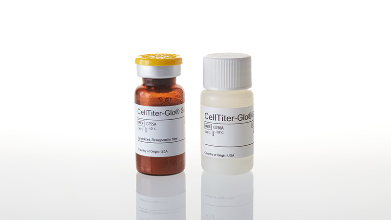 CellTiter-Glo® Luminescent Cell Viability Assay product image showing the two bottles in the G7570 kit