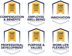 Six "Top Workplaces 2022" award badges earned by Promega: Compensation & Benefits, Employee Well-Being, Innovation, Professional Development, Purpose & Values, and Work-Life Flexibility