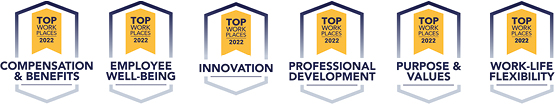 Six "Top Workplaces 2022" award badges earned by Promega: Compensation & Benefits, Employee Well-Being, Innovation, Professional Development, Purpose & Values, and Work-Life Flexibility
